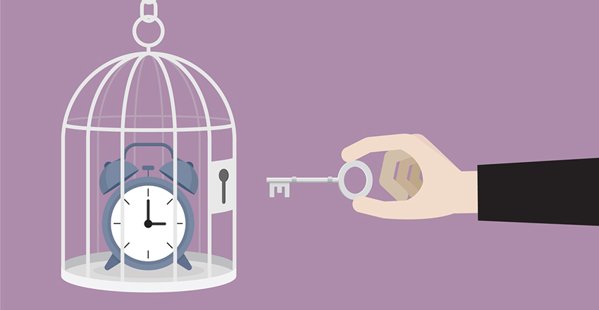 Illustration of person with the key to a clock in cage